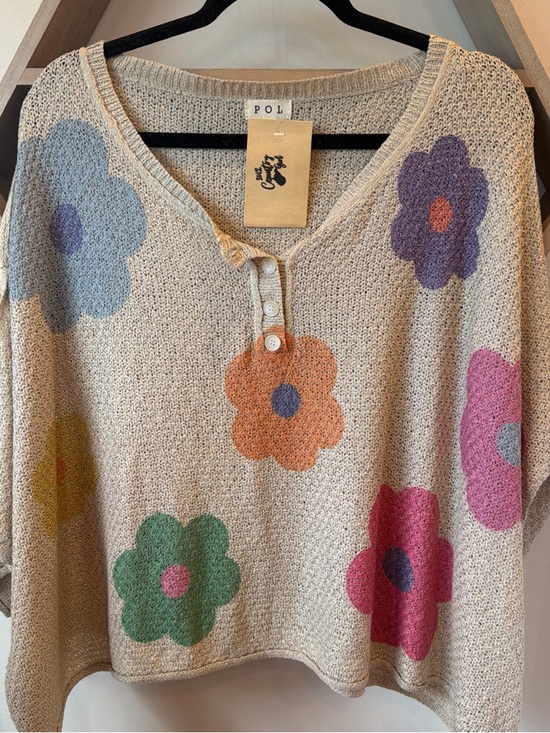 POL Sweaters - POL Floral Knit Henley Sweater in Beige with Multicolor Flowers